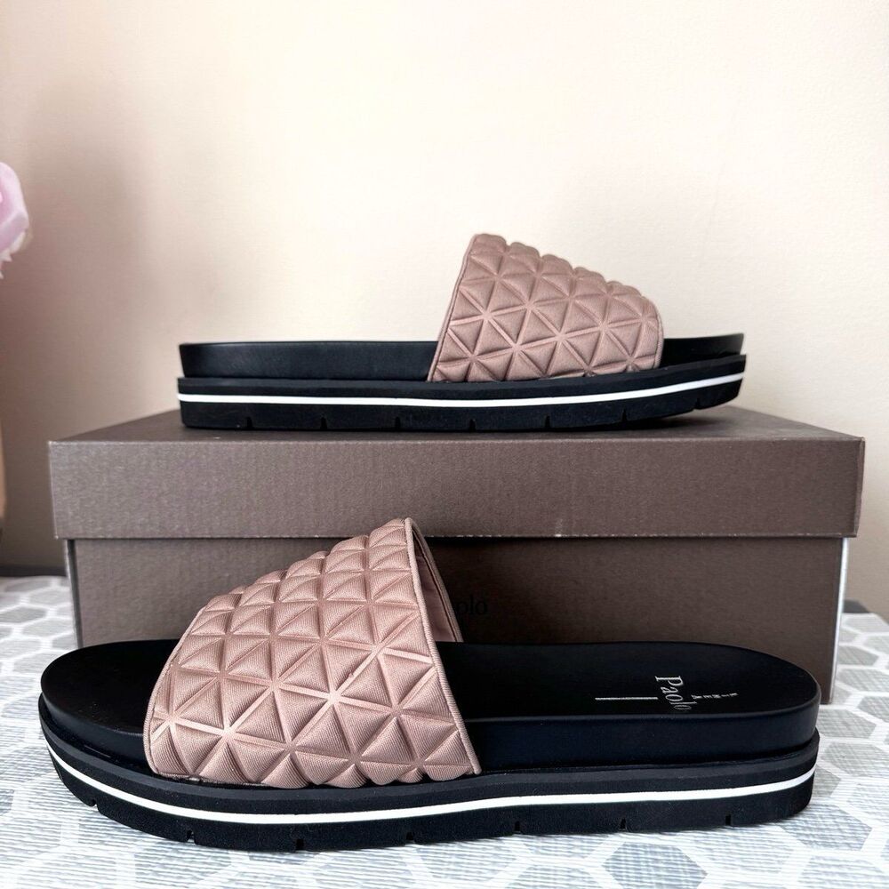 Linea Paolo Leah Taupe Padded Fabric Platform Slide Sandals 10 M